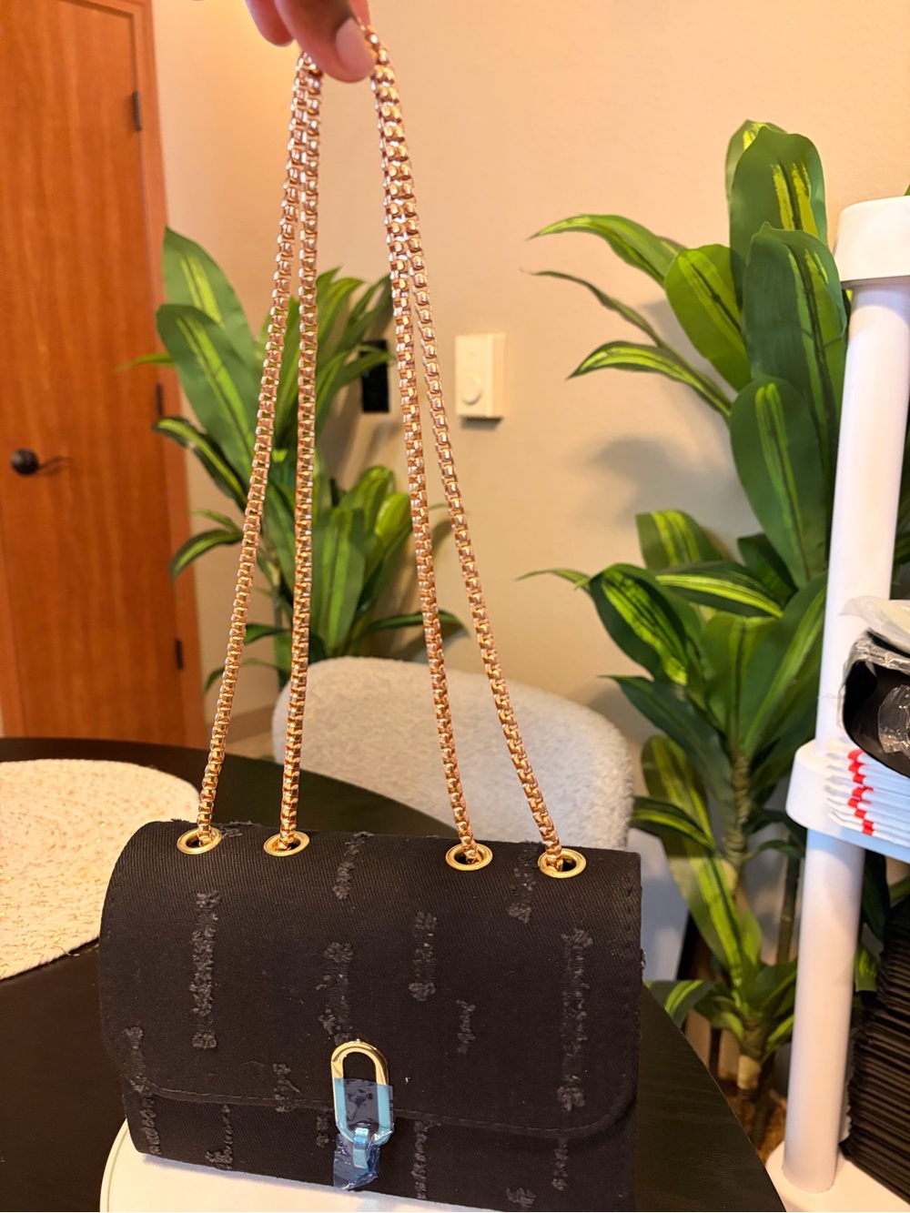 Gold-Chain Black Shoulder Bag with Subtle Monogram